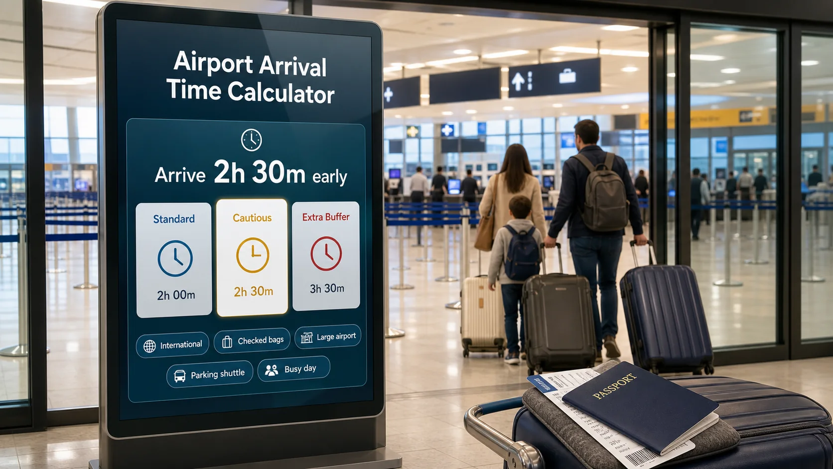 Airport arrival time calculator showing how early to arrive for a flight