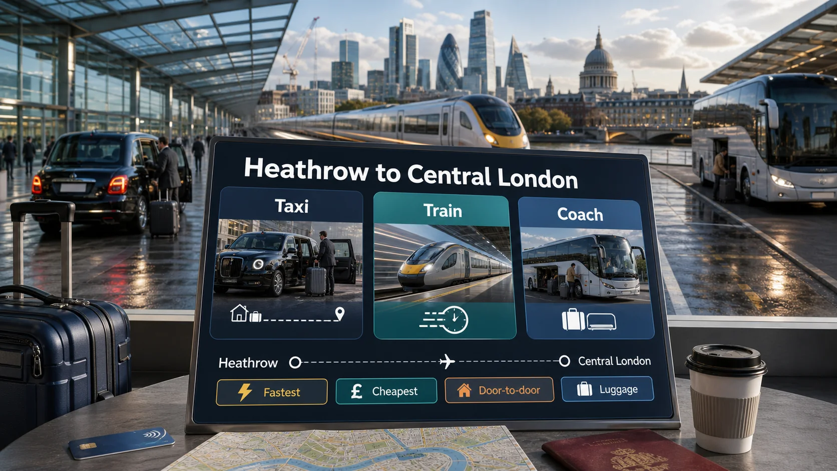 Heathrow to central London by taxi, train and coach compared