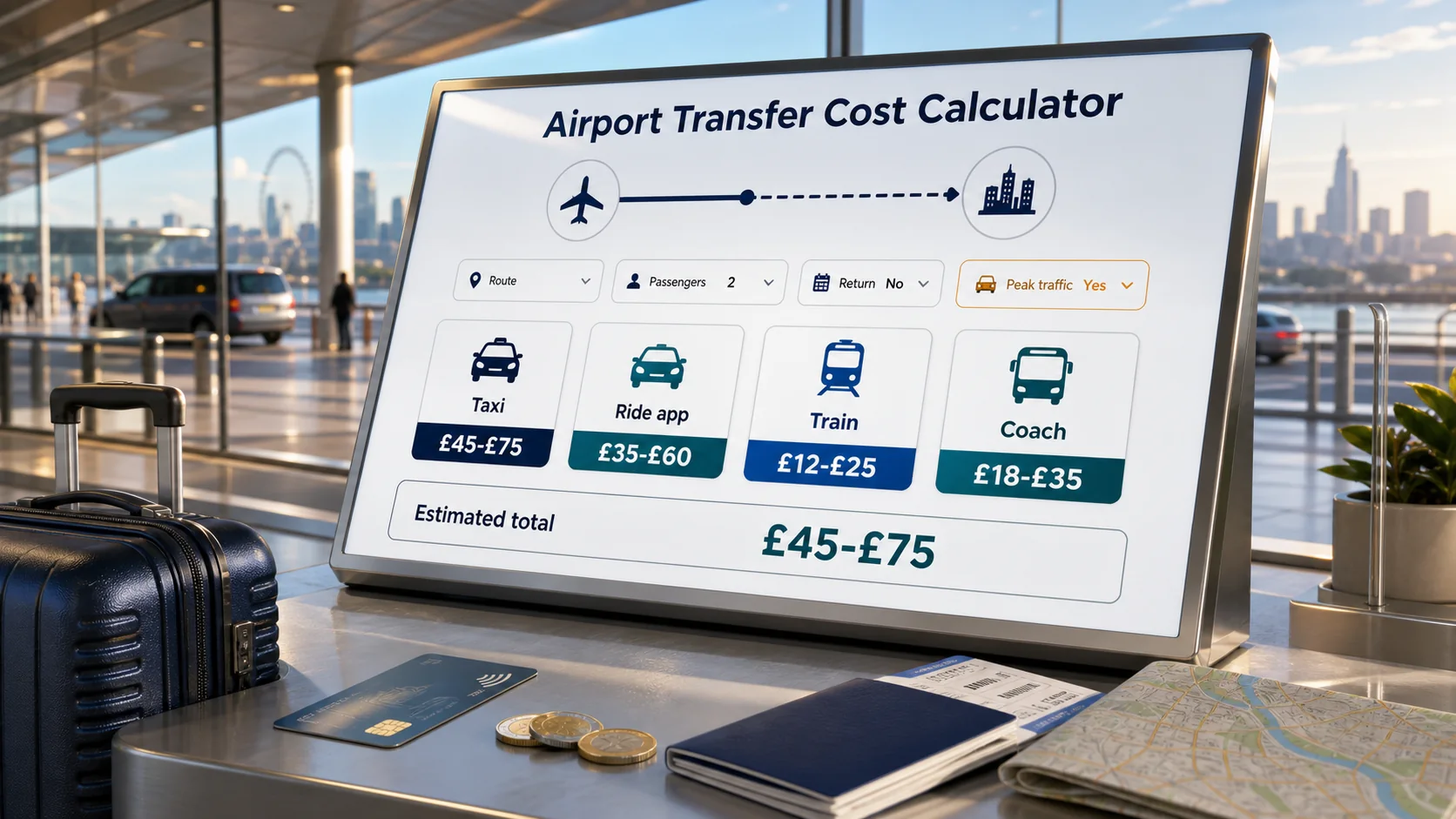Airport transfer cost calculator comparing taxi, ride app, train and coach fares