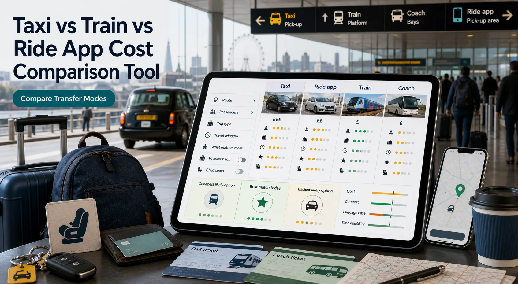 Tool comparing taxi, train and ride app costs for airport transfers