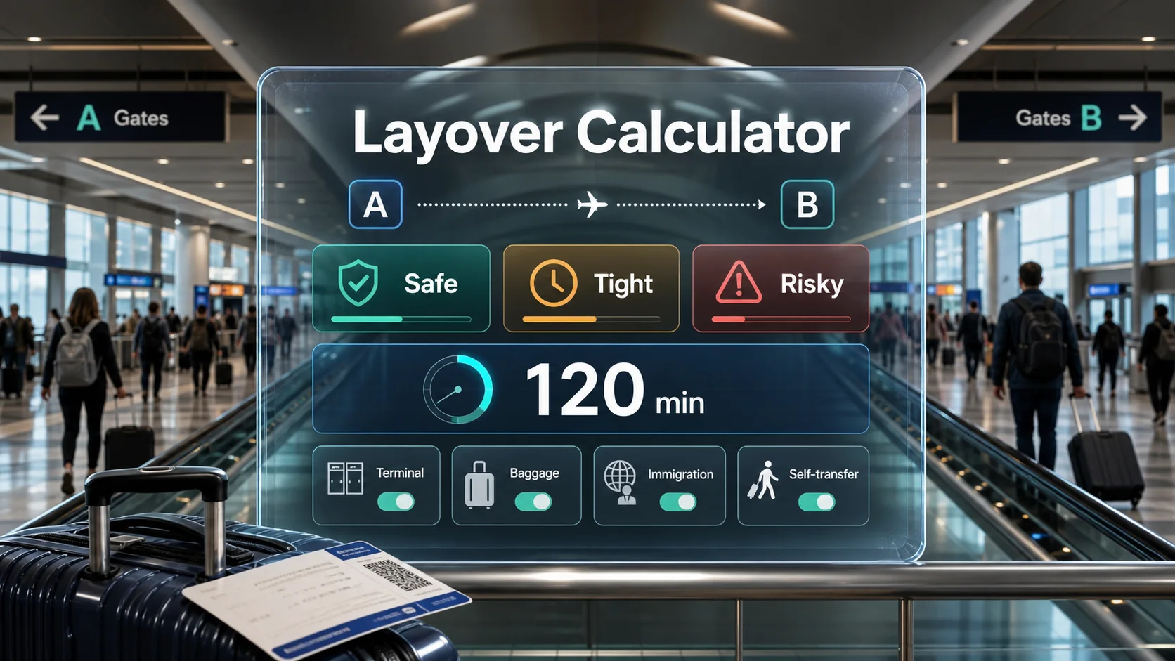 Layover calculator showing whether an airport connection is safe, tight or risky