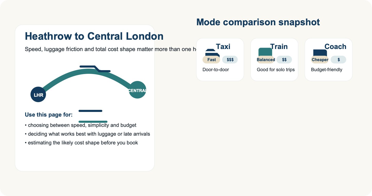 Comparison graphic for taxi, train and coach from Heathrow to Central London