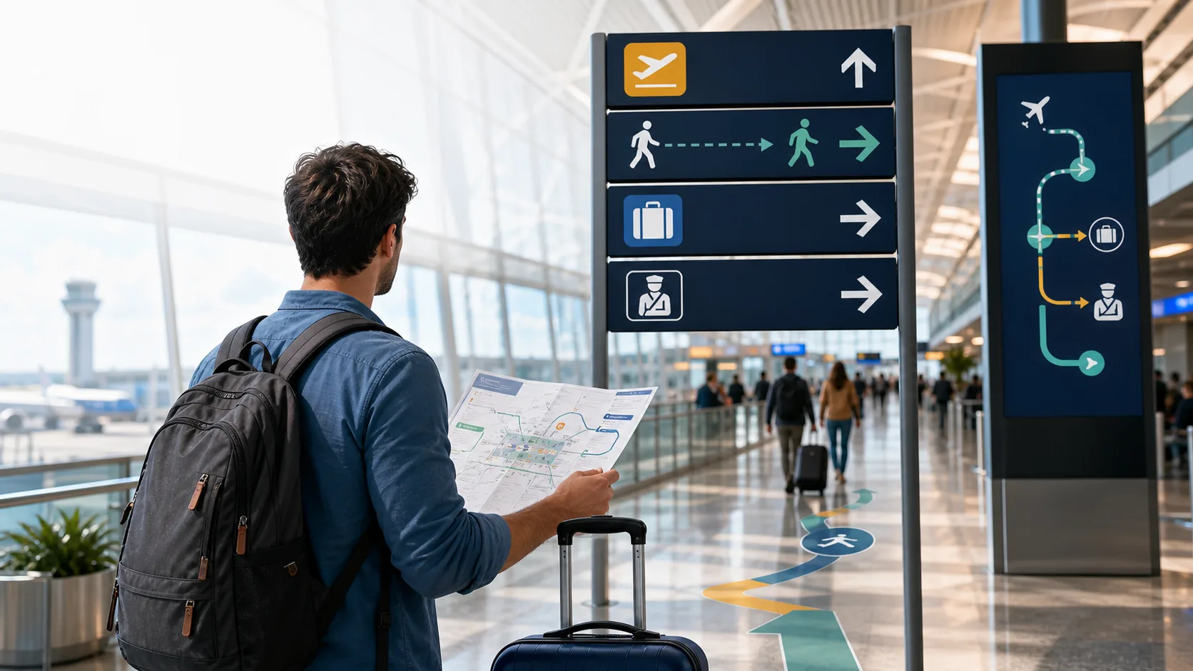 Traveler with luggage following airport wayfinding signs for terminals, baggage, security and city transfer