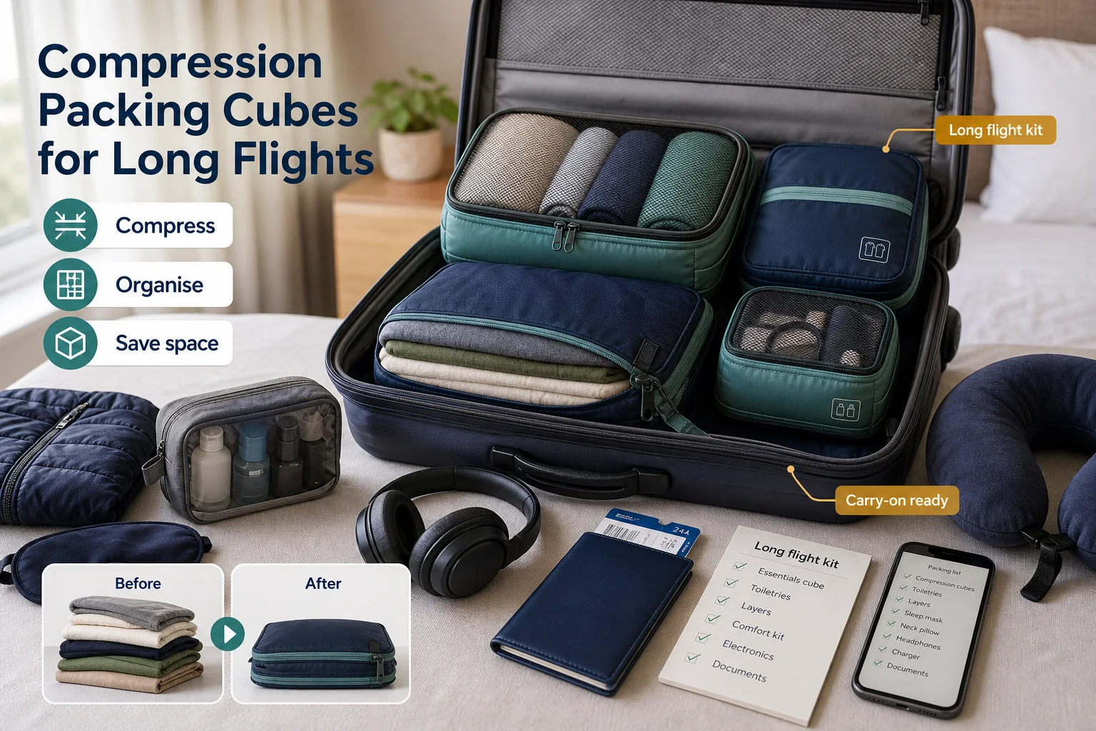 Compression packing cubes packed into a suitcase with a long-flight kit, showing a before-and-after space saving