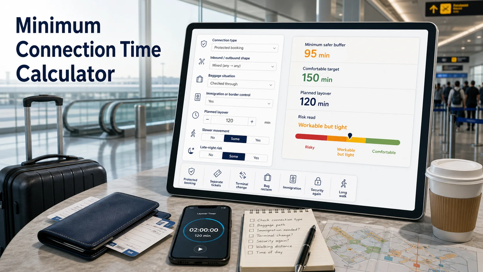 Minimum connection time calculator for airport flight connections