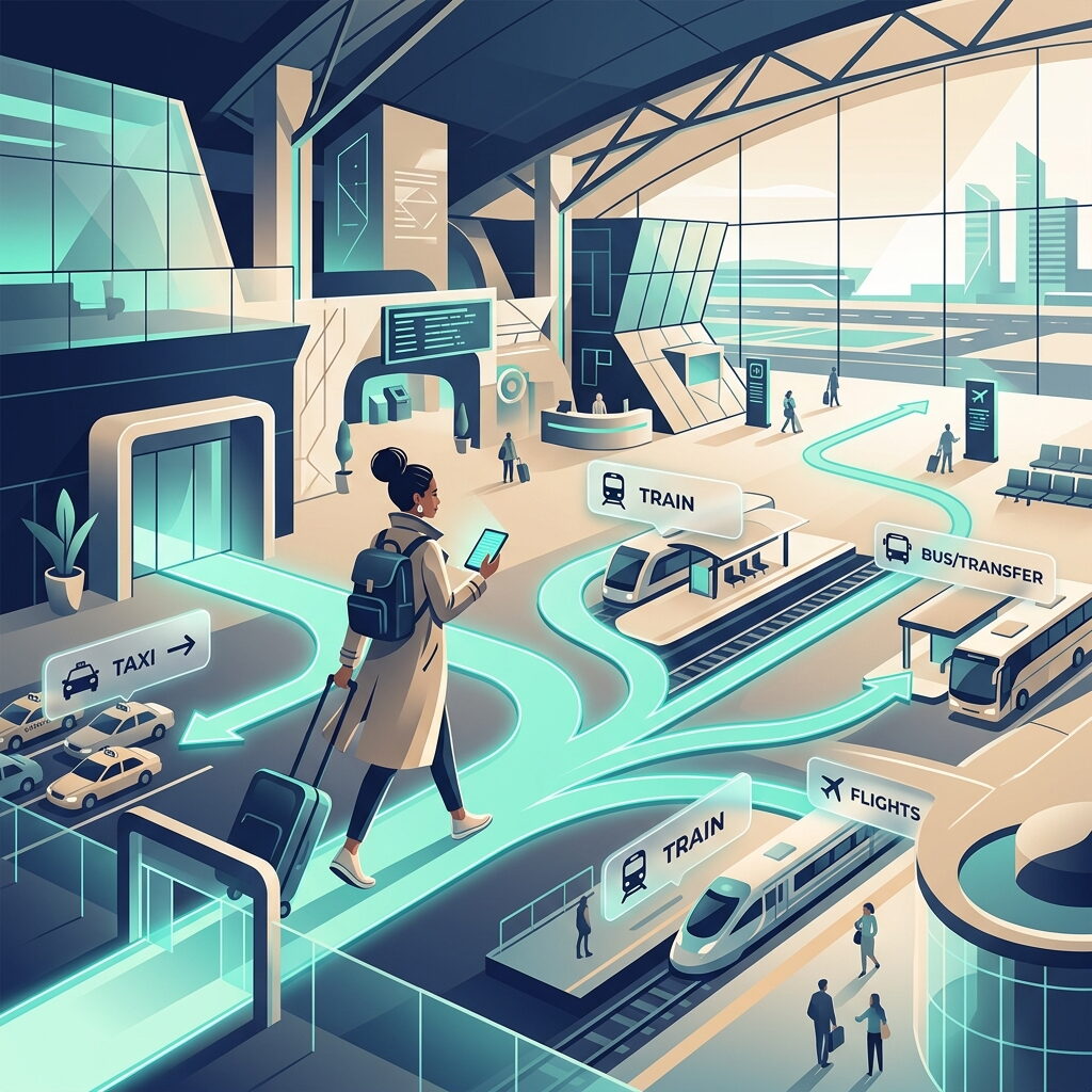 Traveler navigating decision paths in an abstract airport terminal