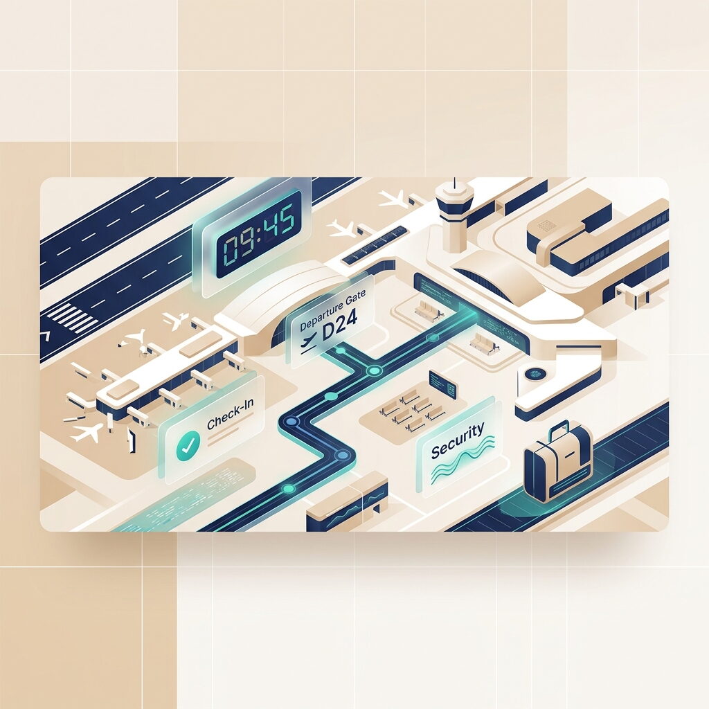 Abstract isometric illustration of an airport terminal with smart planning UI elements
