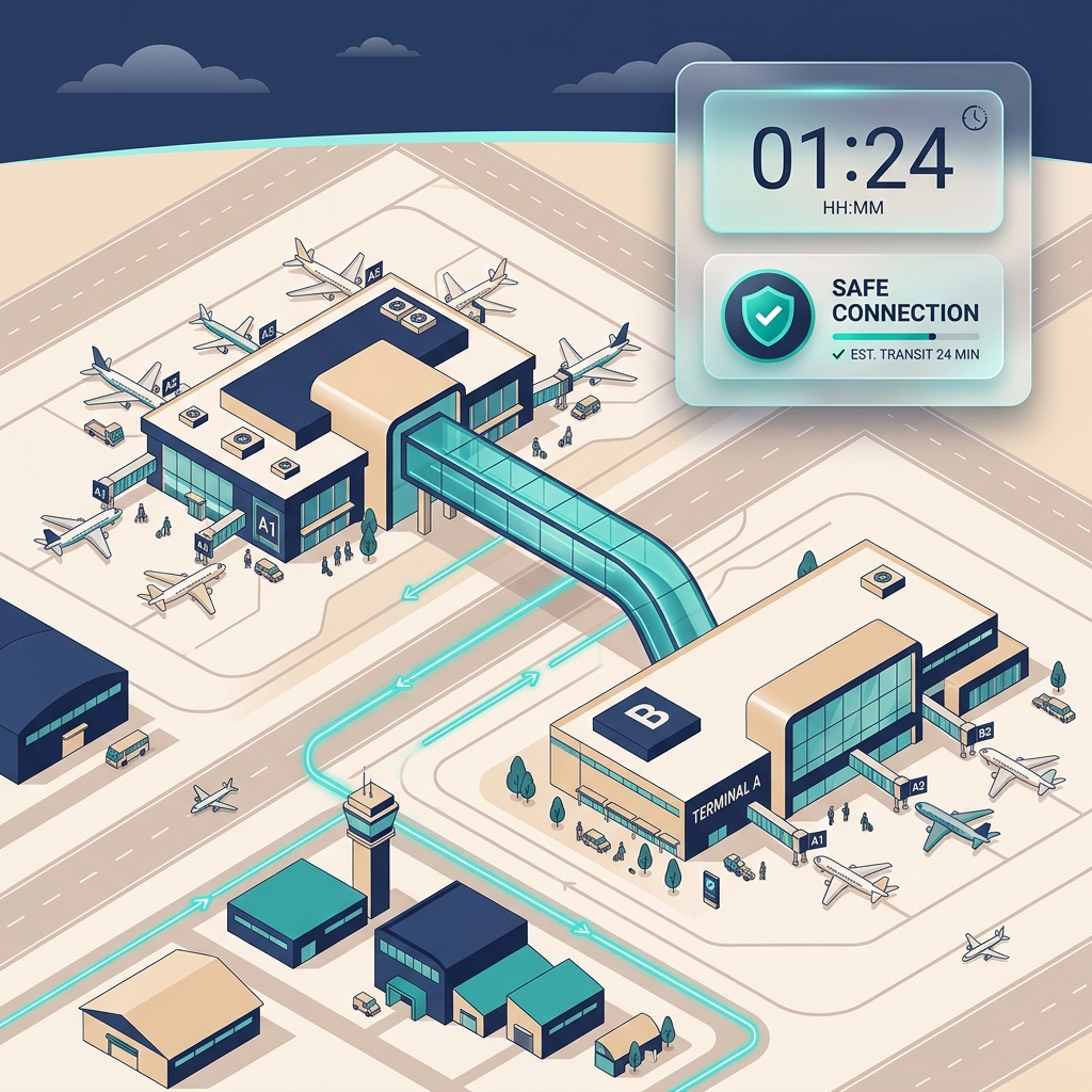 Isometric view of two airport terminals connected by a transit path with a digital timer
