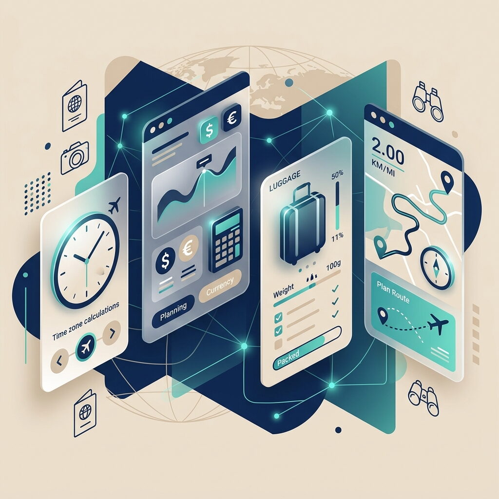 Collection of floating 3D UI cards representing travel calculators and tools