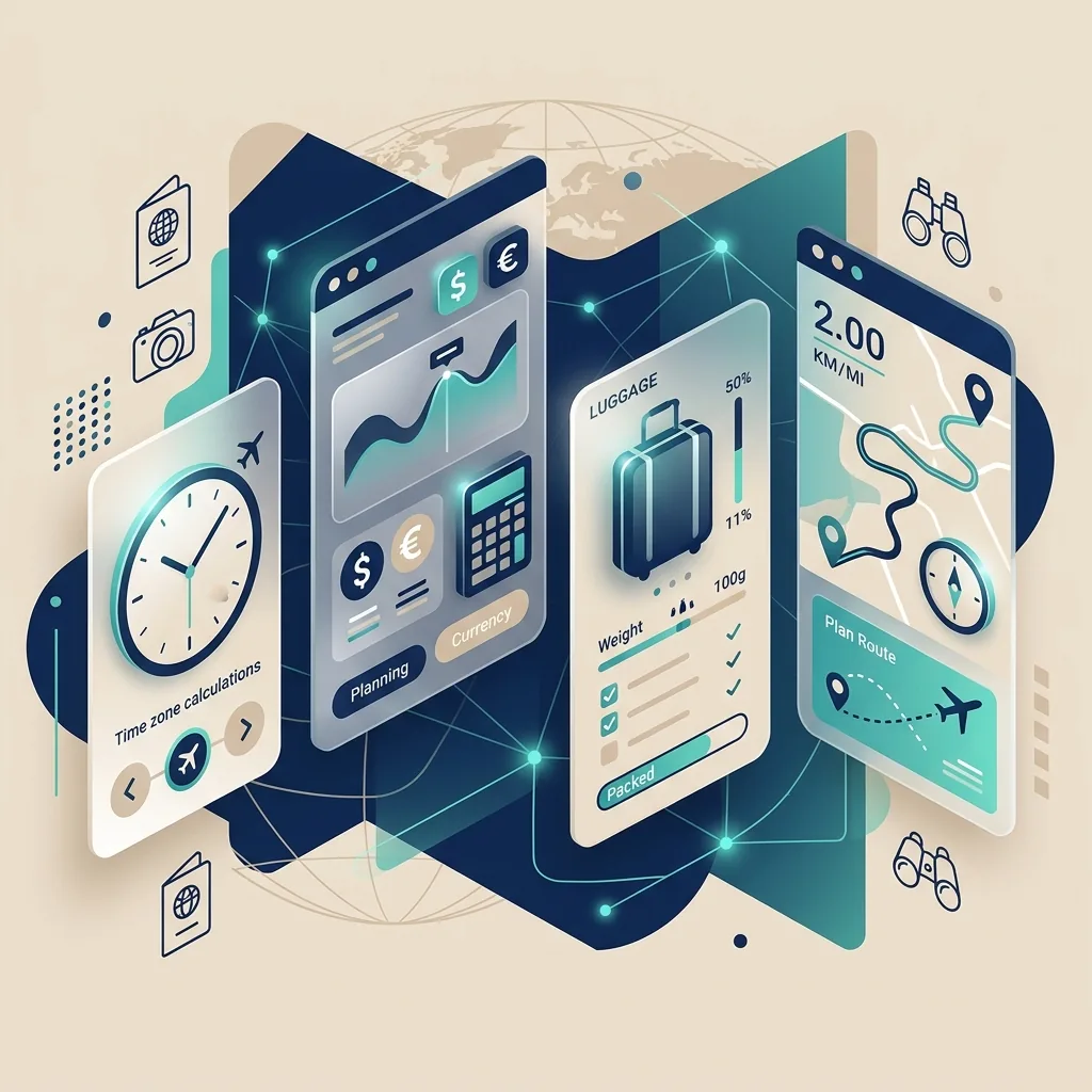 Collection of floating 3D UI cards representing travel calculators and tools