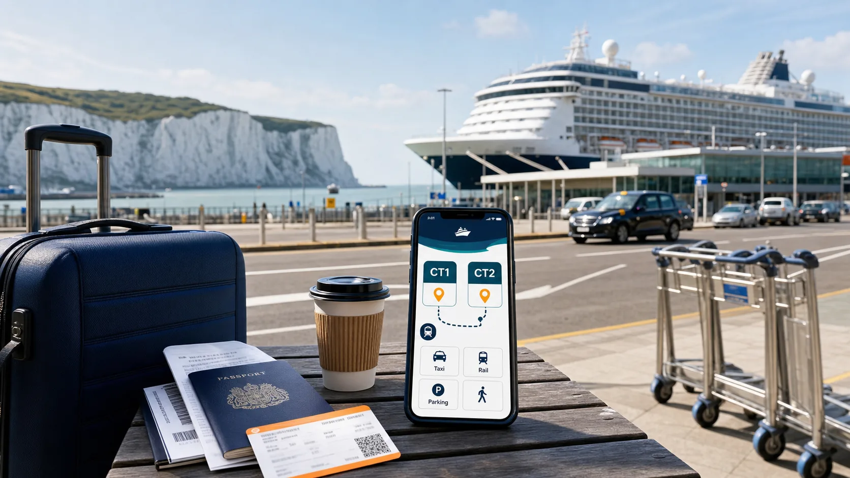 Cruise ship at Dover cruise terminal beneath the White Cliffs, illustrating the Dover CT1 and CT2 guide