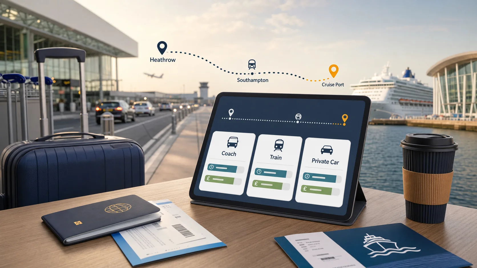 Coach and cruise ship illustrating Heathrow to Southampton cruise port transfer options