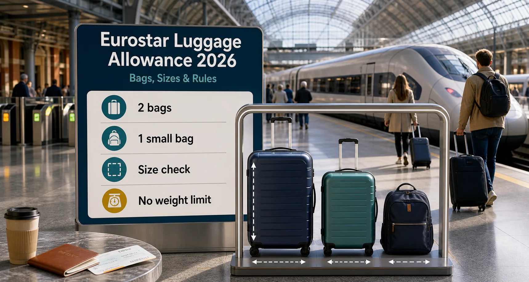 Suitcases beside a Eurostar train at St Pancras, illustrating the Eurostar luggage allowance