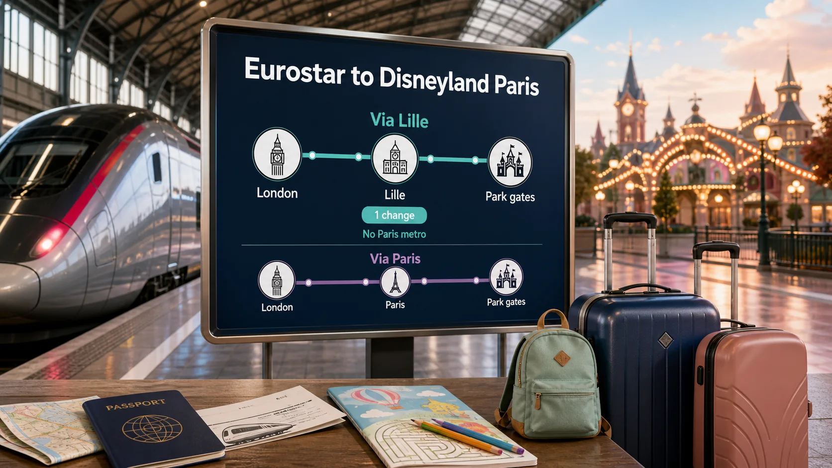 Eurostar and TGV train to Marne-la-Vallee Chessy, illustrating how to get to Disneyland Paris from London
