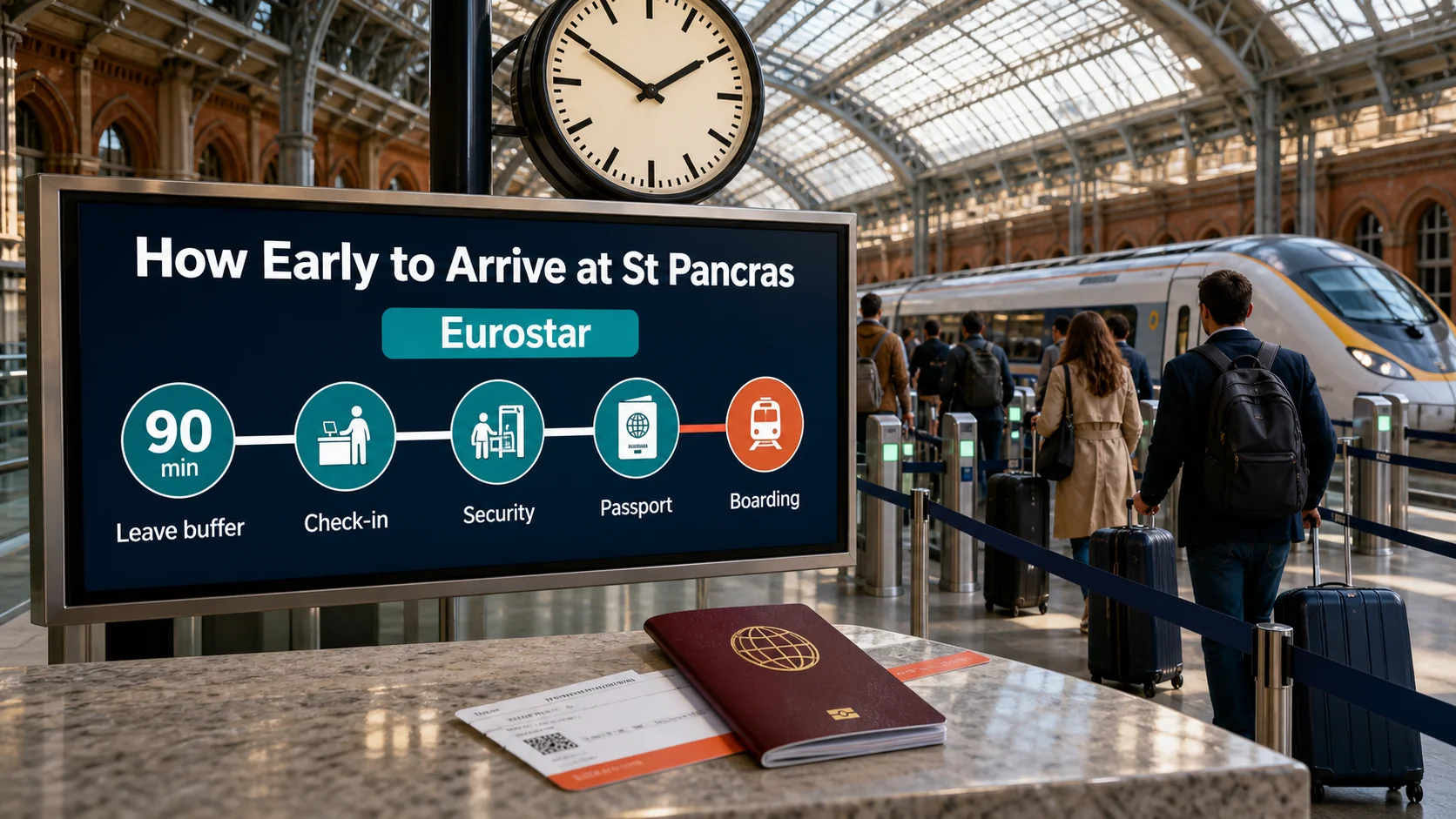 Eurostar departure gates and clock at St Pancras, illustrating how early to arrive for Eurostar check-in